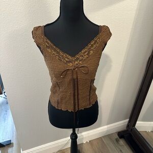 brown lace bow tie top